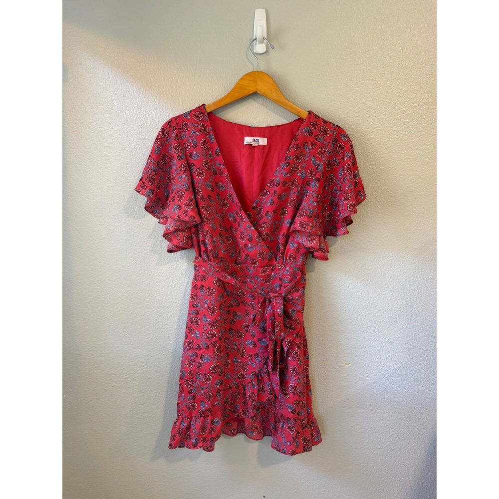 Jack by BB Dakota Wrap Dress Women Size 4 Red Floral Flutter Sleeve Ruffle Mini - Picture 2 of 9
